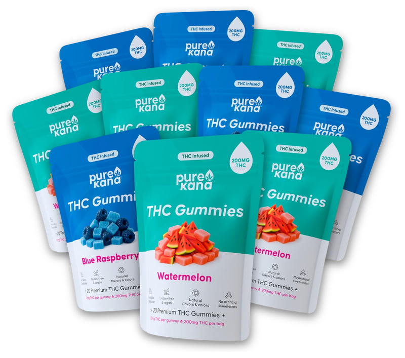 10 bags of THC Gummies in Watermelon and Blue Raspberry