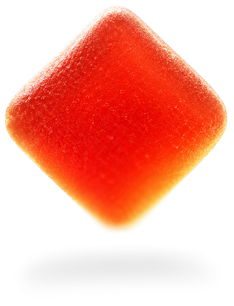 A PureKana Sleep Gummy glowing against a deep blue night sky