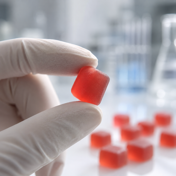 Lab technician holding a gummy