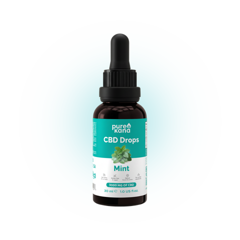 A PureKana CBD Drops bottle glowing against a deep blue background